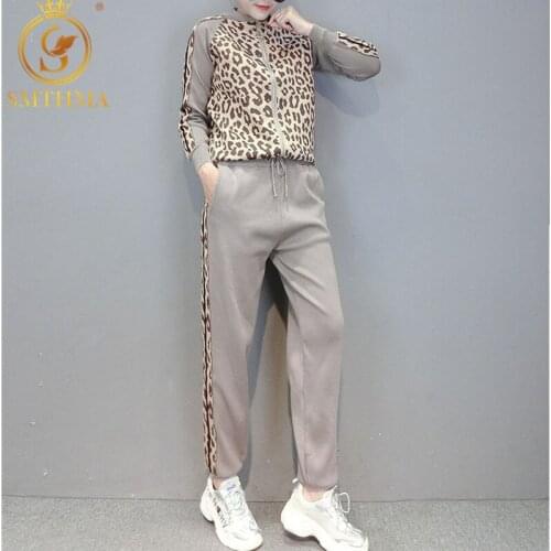 Winter Leopard print zipper knitted cardigans + pencil pants women fashion sport tracksuits slim jacket two piece pants sets