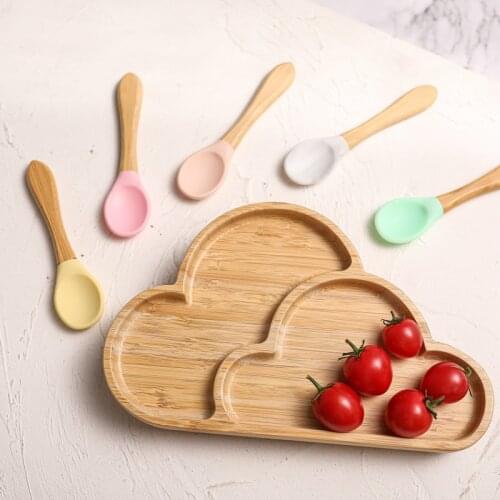 1 PCS Bamboo Baby Feeding Bowl Clouds Pattern Food Tableware Kids Wooden Training Plate Silicone Suction Cup Removable Baby Gift