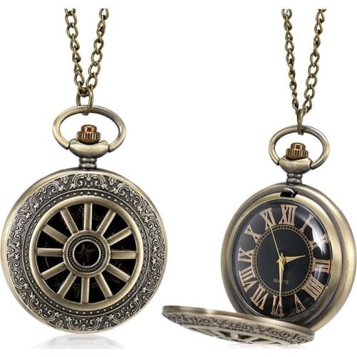 1 Pcs Bronze Quartz Pocket Watch Roman Numerals Dial Hollow Wheel Case with Chain LL@17