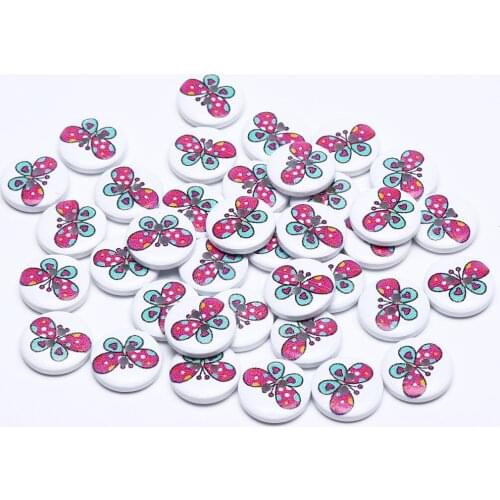 1000pcs/lot 15mm Wood Butterfly Painted Buttons With 2 Holes Round Sewing Button For Scrapbooking Cardmaking
