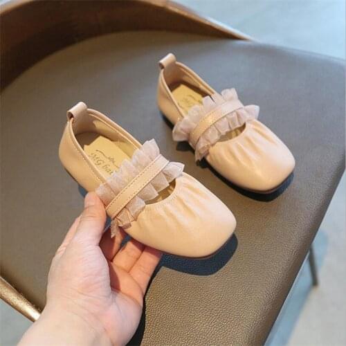 2021 Girls Leather Shoes Fashion Lace edge folds Lace shoes Spring Baby Girl Shoes Flat Toddler Shoes Girl Princess shoes 21-35