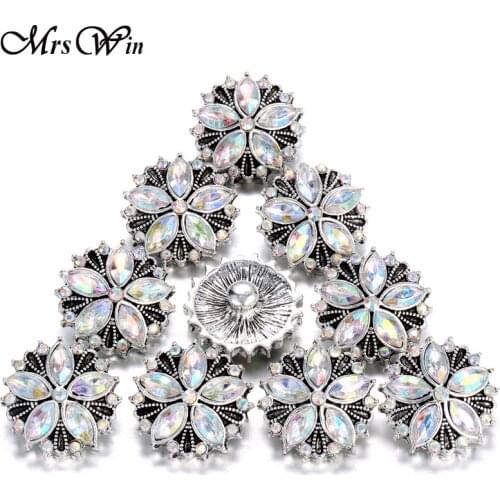 6pcs/lot Mrs Win Snap Jewelry Beautiful Crystal Rhinestone Flowers Snap Metal Press Buttons Fit 18MM Snap Bracelet