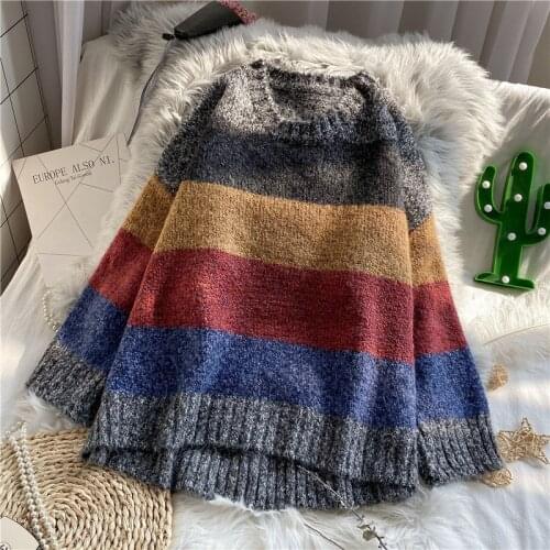 Fashion style knitted women sweater striped patchwork loose flare loose thicken warm lady pullovers outwear tops