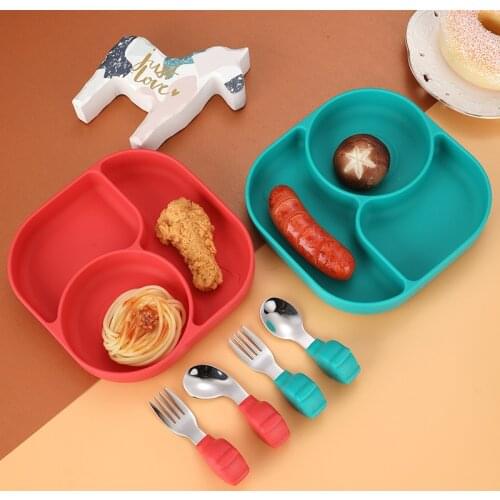 Baby Silicone Feeding Plates Set 3Pcs Spoon And Fork Infant Cute Suction Dishes Newborn Sucker Bowl Toddler Anti-fall Tableware