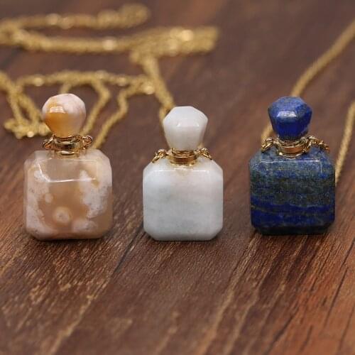 Natural Stone Perfume Bottle Necklace Section Square Semi-Precious Pendant Charms For Elegant Women Love Romantic Gift 60 CM