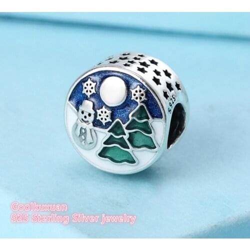 Winter Original 925 Sterling Silver Snowy Wonderland Charm, Blue & Green Enamel Beads Fit Pandora Charms Bracelet Making