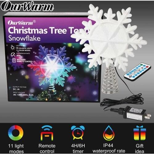 OurWarm Christmas Tree Topper Lighted with White Snowflake Projector Rotating 3D Glitter Lighted Christmas Decorations for Tree