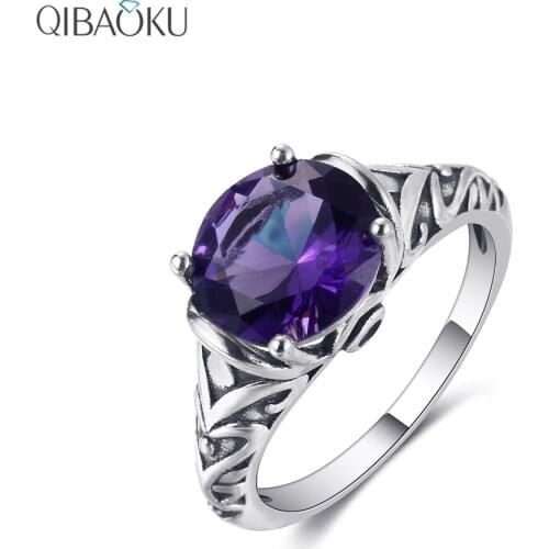 QIBAOKU S925 Sterling Silver Rings Amethyst Zircon for Women Fine Jewelry Bridal Wedding Engagement Ring Accessory