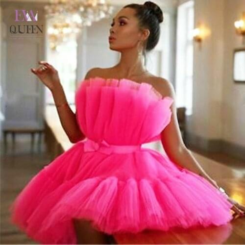 EvaQueen Mesh Solid Pink Ruched Date Mini Dress Women Sashes Strapless Club Loose Dresses Backless High Waist Sexy Party Vestido