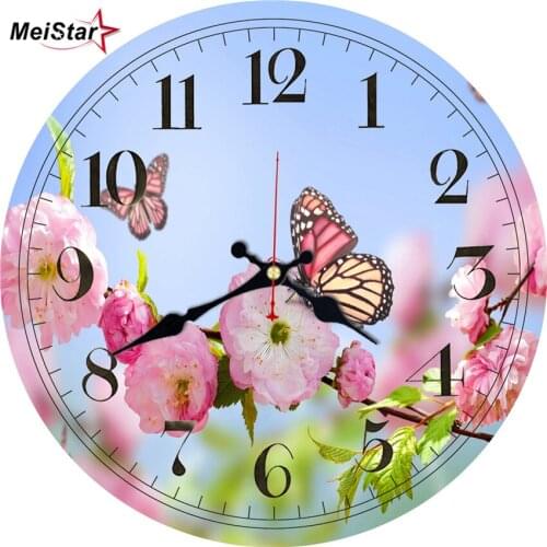 Vintage Butterflies Pick Cherry Blossoms Round Clock Home Garden Decor Large Kitchen Rustic Arabic Numerals Wall Clocks