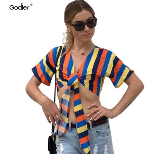 Godier Women Summer Print V Neck Chiffon Tee Top Short Sleeve Casual Bat Sleeve Tops Sexy Streetwear Bow Female Sunscreen Shirts