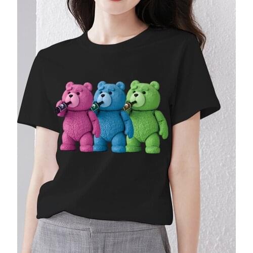 Women T-shirt New Hot Sale Printed Kawaii Bear Graphics Series Tee Shirt Summer Casual Black Print Female Short-sleeved Tops