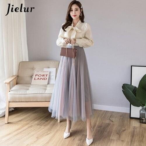 Jielur 2021 New 3 Layers Tutu Skirt Women Princess Tulle Skirts Vintage Patchwork Color Mesh Pleated Skirt Slim Spring Autumn