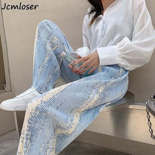 2021 New Summer Wide Leg Pants For Women Tie dye Casual Elastic High Waist Pants Loose Long Pants Straight-leg Trousers Femme