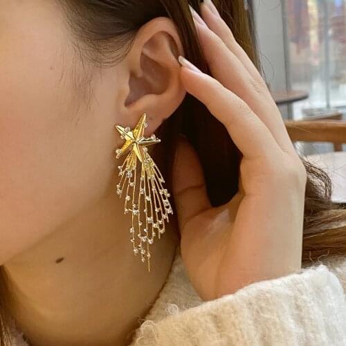 European And American Jem Crystal Star Tassel Long Earrings Exaggerated Elegant Sweet Fashion Cute Party Ear Jewelry Women