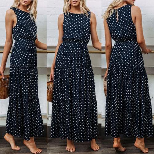 Women Elegant Dark BlueLoose Sleeveless Holiday Dot Print Long Maxi Dress Evening Party Dresses Boho Summer Casual Sundress
