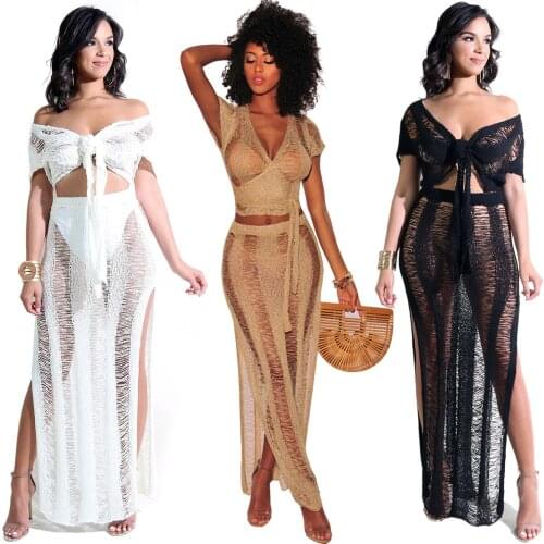 2020 Summer Sexy Club Outfits Women Two Piece Set Hollow Out Knitting Transparent Party Dress V-Neck Transformable Shirt
