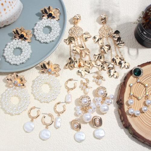 Flatfoosie Fashion Elegant Pearl Drop Earrings For Women Round Tassel Metal Statement Earrings Female Party Jewelry Brincos 2020