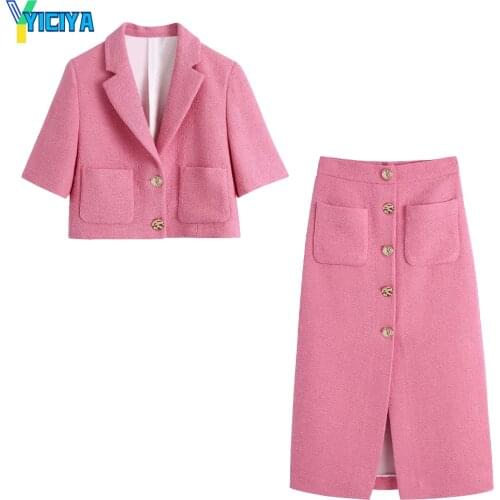 2021 New Pink Blazer Suits Women Two Piece Set Cropped Blazer Top & Midi Skirt Fashion Casual Chic Lady Women Outfit Dress Sets