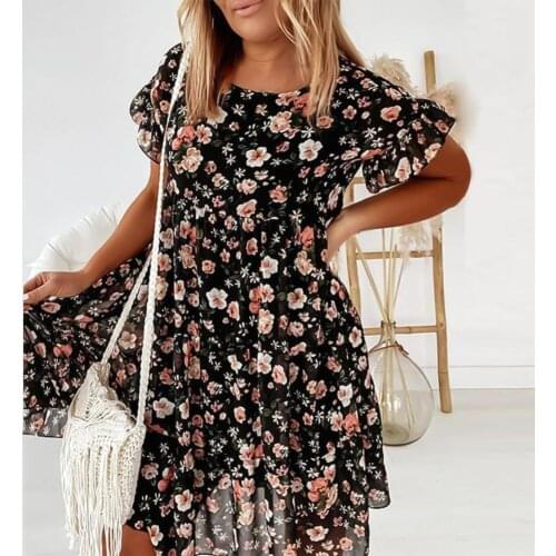 Women Dress Floral Round Neck Nylon Loose A-Line Dress for Beach Summer Dress Vestido