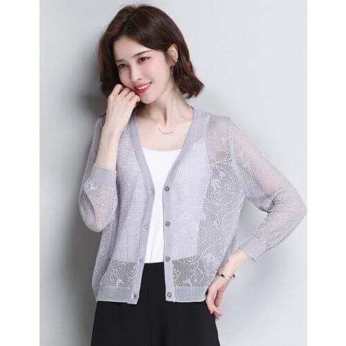Women summer soft silk knitwear elegant hollow floral knit coat see through thin knit cardigan