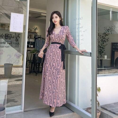 New arrival fashion beach dress women elegant autumn chiffon v-neck long sleeve print temperament sweet long a-line dress