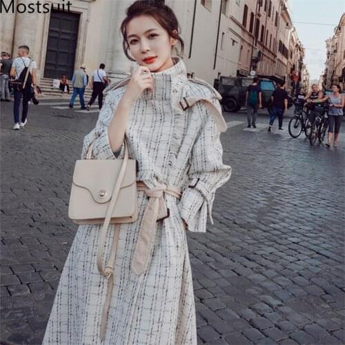 2020 Autumn Winter Plaid Tweed Long Coats Jackets Women Lace-up Belt Elegant Korean Ladies Fashion Women Long Coats Outwear