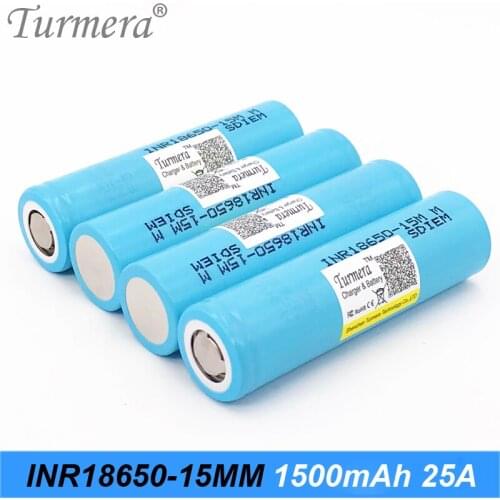 Turmera INR18650-15MM 18650 1500mAh 25A Battery for 12V 16.8V 18V 21V 24V 25V Screwdriver Drill Batteries and Vacuum Cleaner Use