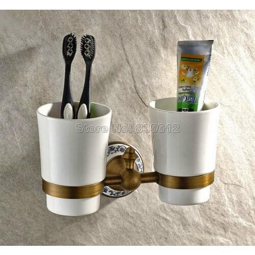 Antique Brass Wall Mounted Toothbrush Holder with Two Ceramic Cups Wba408