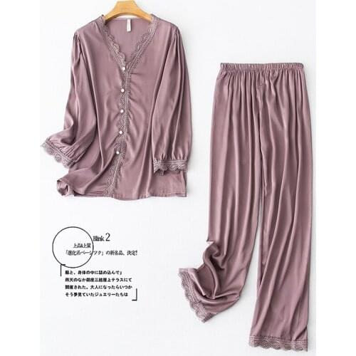 Satin Sleepwear Casual Lady Pajamas Set 2PCS Shirt&Pants Lace Trim Pyjamas Nightwear Soft Pijamas Spring New Intimate Lingerie