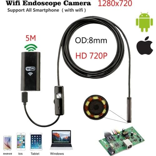 IOS Wifi Endoscope 8mm Lens 6 LED Wireless Waterproof Android Endoscope Inspection Borescope Camera 1M 2M 5M Cable HD 720P