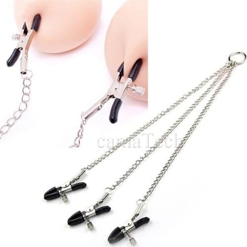 CamaTech Metal 3 In 1 Nipple Clamps + Labia Clips with Long Chain Stainless Steel Breast Clitoris Clips Women Flirting Sex Toys