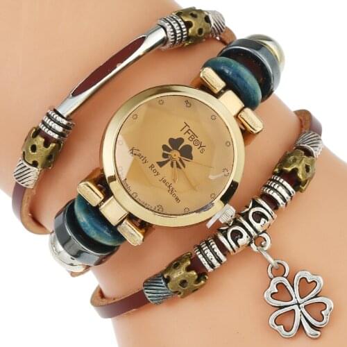 Gnova Platinum Top Genuine Leather Women Watch Black Clove Triple Bracelet Wristwatch Italian Style Fashion Reloj Para Dama B027