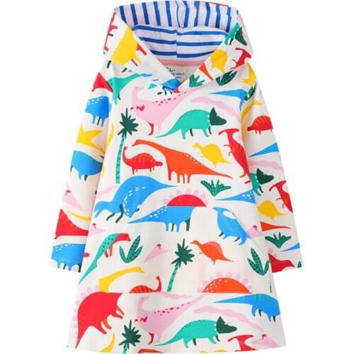 Jumping Meters Autumn Winter Girls Dinosaur Paradise Hooded Long Sleeve Dresses Childrens Cotton Casual Toddler Kids Frocks