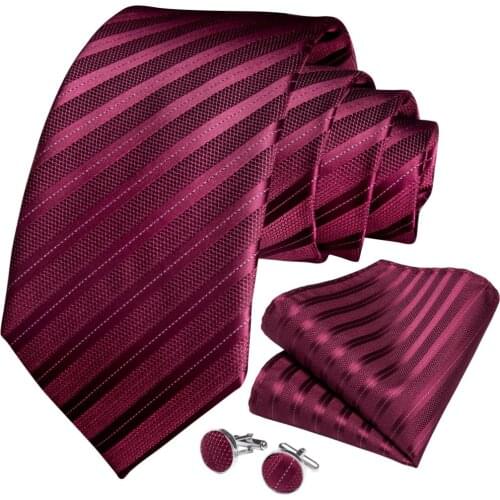 DiBanGu Mens Wedding Tie Red Wine Striped Design Silk Tie For Men Hanky Cufflink Set Fashion Bussiness Party Dropshipping
