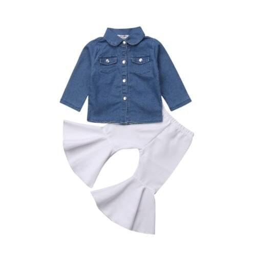Toddler Kids Baby Girl Denim Tops T-shirt+ Flared Loose Pants Bottom 2PCS Outfits Size 0-4T