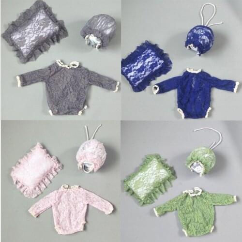 3 Pcs/set New Lace Baby Rompers Baby Girls Princess Jumpsuit Outfit Baby Hat Pillow Set Newborn Photography Props Clothing