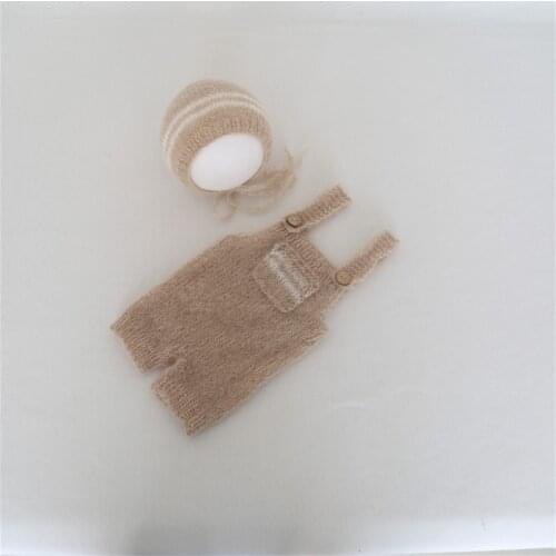 Beige Photo Prop Romper Crochet Newborn Boy Cap Hand Knit Pajamas Stretch Baby Overalls Vintage Newborn Mohair Hat Outfit