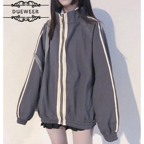 DUEWEER Jackets Women Striped Simple Causal Autumn Stand Collar Zipper Harajuku Korean Style Outwear All-match Students Big Size