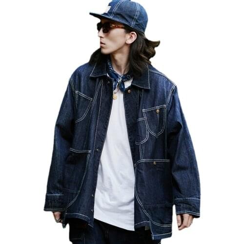 Mens Spring and Autumn Wear Irregular Multi-Pocket Washed Denim Jacket Jacket Trendy Loose Casual Top