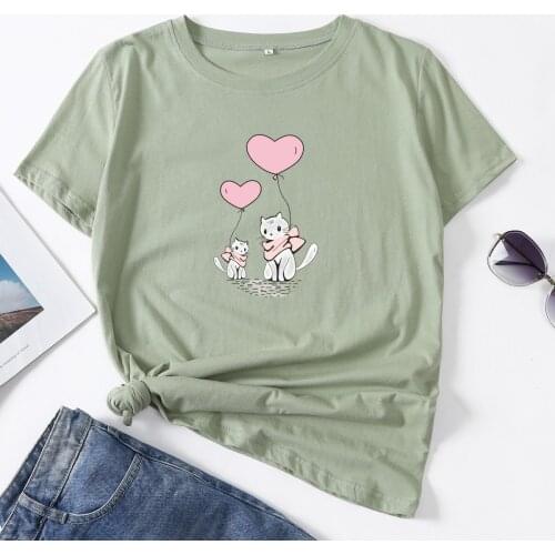 Mommy Baby Cat Love Heart Woman T-Shirt Short Sleeve T-Shirts Summer Tops for Women Cotton Graphic Tee Female Shirt Clothes