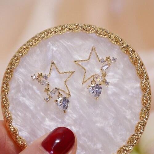 Cute Female Hollow Star Small Earrings Charm Zircon Gold Color Stud Earrings For Women Dainty Bridal Crystal Wedding Earrings