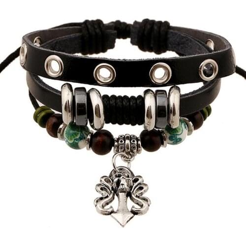New Punk Style Beads Bracelet Flower Pendants Cowhide Leather Bracelet