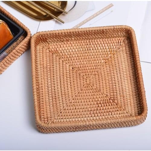 Hand Woven Rattan Food Trays Square Bread Fruit Dessert Plate Eco-Friendly Breakfast Tray Storage Basket Kitchen Organizer