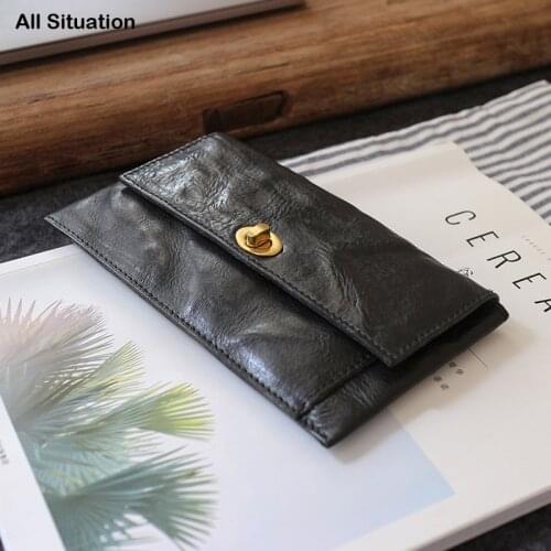 Luxury Clutch Bag Ladies First Layer Cow Leather Top End Handmade Women Retro Hasp Long Purses Card Wallet Phone Passport Bag