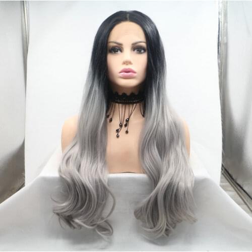 Melody Synthetic Lace Front Wigs Heat Resistant Black Roots To Gray Long Natural Wave for Women Natural Looking Daily Wear Queen