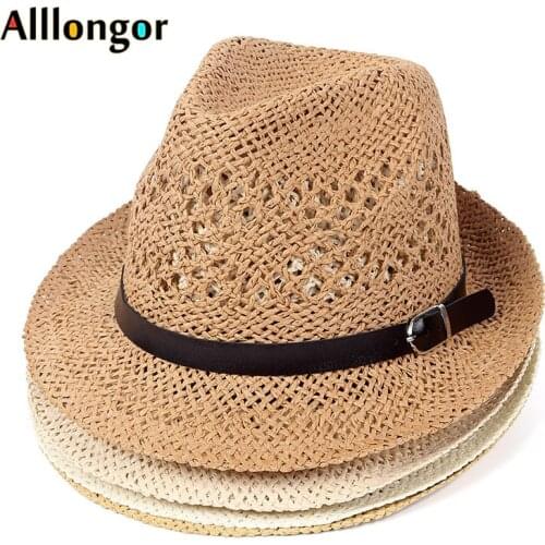 Sunhat Cowboy Fedora hat With Belt Summer Panama Jazz Hat Men 2020 sombrero jazz hombre With belt Hollow Out Beach Straw Hats