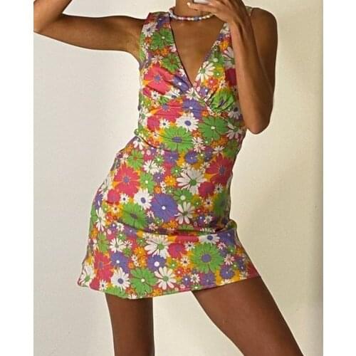 Vintage Floral Print Dress Women Dresses Beach Holiday Sundress Women Sexy V Neck Backless Elegant 2021 New Party Streetwear