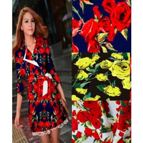 YY DIY Pretty White Black & Blue Red Yellow Rose Flower Printed Cotton Spandex Fabric