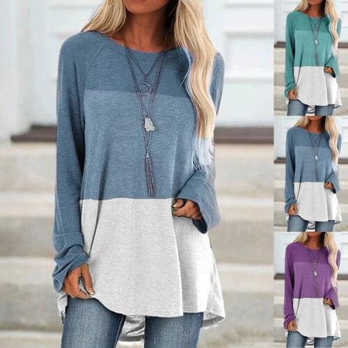 2021 Hot Womens Casual Fashion Long Sleeves O-Neck Loose Creativity Multiple Patchwork Color Autumn Shirt Tops For Lady Clothes